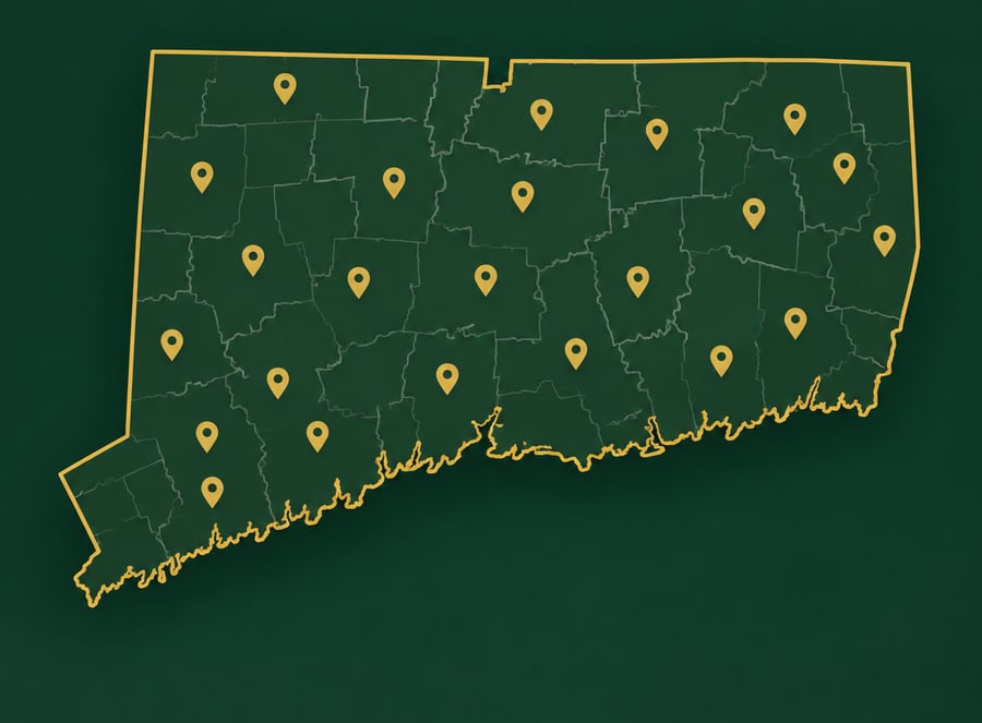 Map of Connecticut with gold markers across the whole state